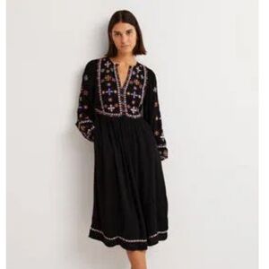 Boden Embroidered Boho Midi Dress Black Floral Folk Long Sleeve